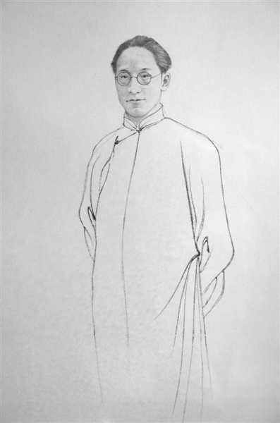 纪念馆展品:张大千画的徐志摩像(复制品) 记者 葛亚琪 摄 纪念馆展品:张大千画的徐志摩像(复制品) 记者 葛亚琪 摄