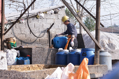 养殖户正在处理收集来的泔水.